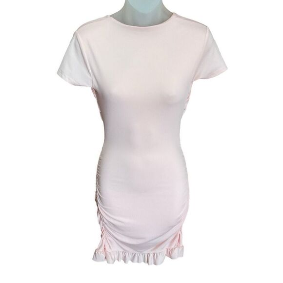 SHEIN Dress Pink Mini Sabrina Neckline Open Tie Back Pink Ruched Ruffled Hem XS - Picture 1 of 16